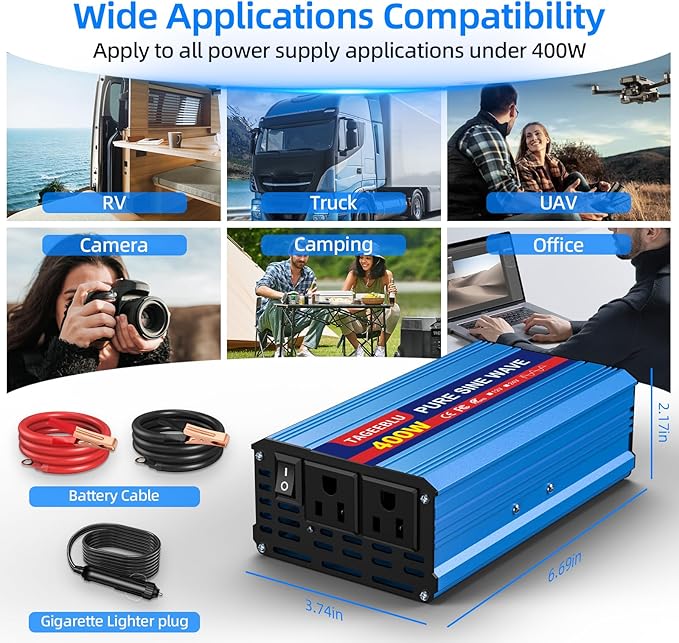 400W Pure Sine Wave Inverter, 12V DC to 110V/120V AC Car Power Inverter with 2 AC outlets and LCD Display