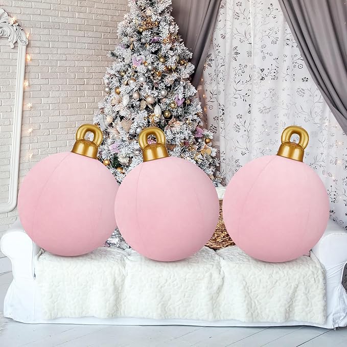 Jetec 3 Pcs 32 Inch Giant Velvet Christmas Inflatable Balls Ornament Flocked Xmas PVC Inflatable Flocked Ball Ornaments for Christmas Holiday Outdoor Blow up Yard Decor(Pink)