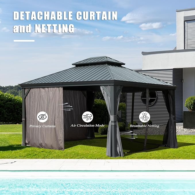Domi 12'x16' Hardtop Gazebo Canopy,Outdoor Aluminum Gazebo with Galvanized Steel Double Roof,Permanent Gazebo with Drainage System,Curtain and Netting Included,Grey