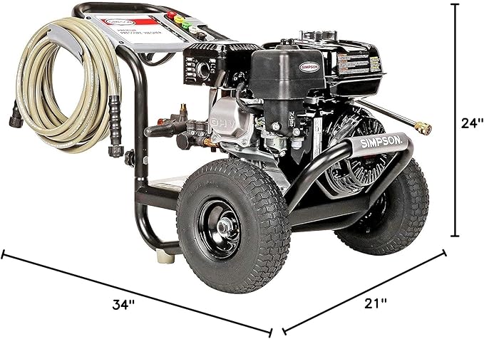 SIMPSON Cleaning PS3228 PowerShot 3300 PSI Gas Pressure Washer, 2.5 GPM, Honda GX200 Engine, Includes Spray Gun and Extension Wand, 5 QC Nozzle Tips, 5/16-inch x 25-foot MorFlex Hose, 49-State