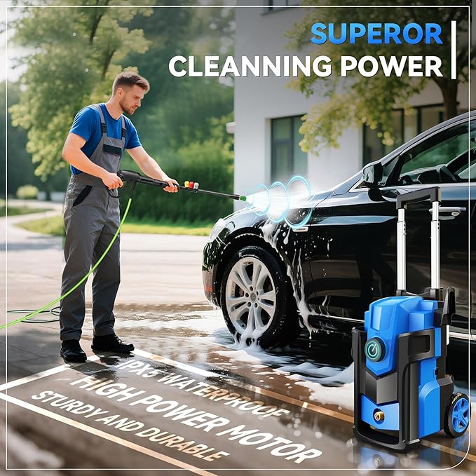 Pressure Cleaner, 5000 PSI 4.0 GPM Heavy Duty Power Cleaner, with 4 Nozzles,Foam Cannon,33FT Hose Reel and 500ml Soap Bottle for Home/Cars(Blue)