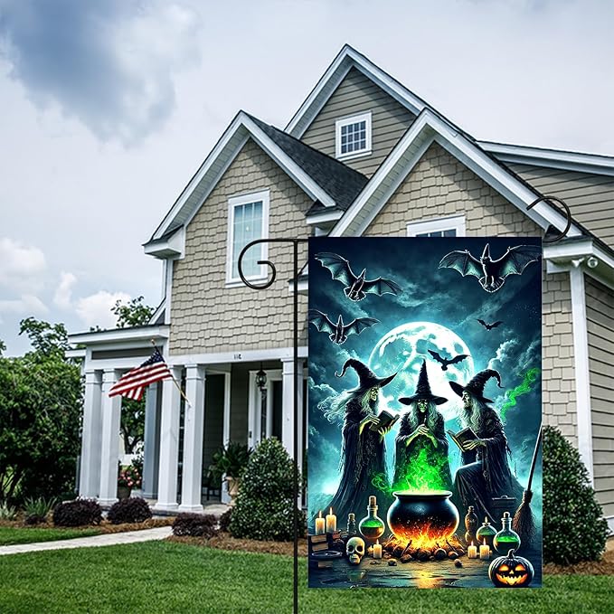 Halloween Witch Garden Flag Spooky Yard Banner Full Moon Bats Cauldron And Three Witches Double Sided 12x18 Outdoor House Flag For Lawn Porch Halloween Decoration Scary Seasonal Yard Sign
