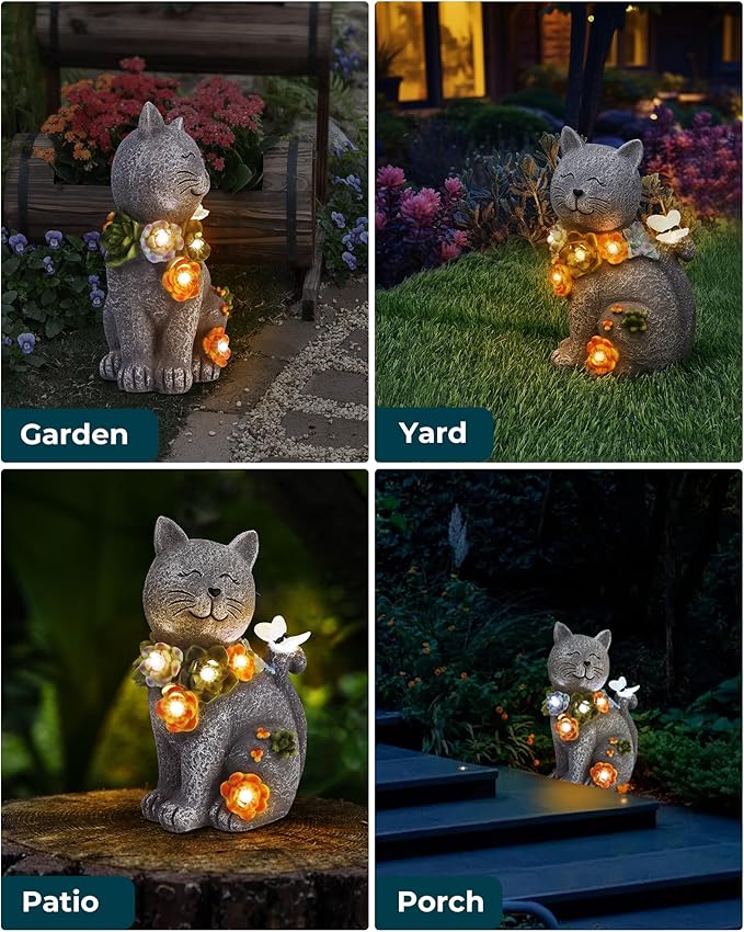 Solar Garden Statues Outdoor Decor, 6 LED Cat Flowers Butterfly Figurine Lights, Waterproof for Balcony Patio Porch Lawn Yard Ornament Art - Gift Ideas for Housewarming Gardening Grandma Women