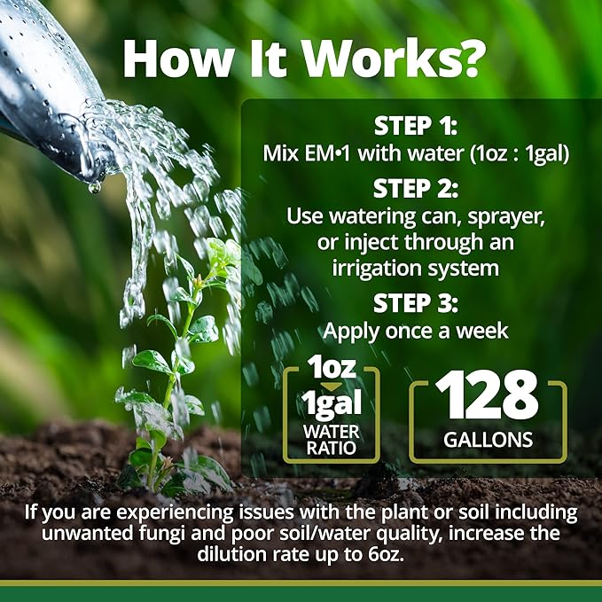 TeraGanix EM-1 Plant Growth, Microbial Inoculant Concentrate (1 Btl = 128 Gal), Soil Conditioner, Root Enhancer, Liquid Probiotic for Soils & Plants, Seed Germination, Garden, Lawn Care (1 Gallon)