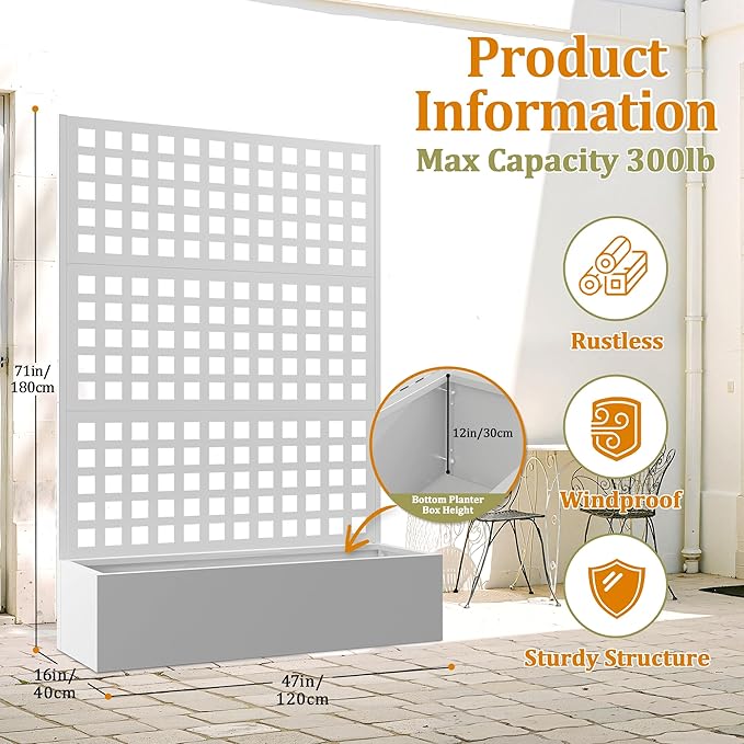 Metal Planter Box with Trellis, Heavy-Duty Raised Garden Bed for Climbing Plants, Drainage Hole, Outdoor Planter Box with Privacy Screen,47''L×16''W×71''H