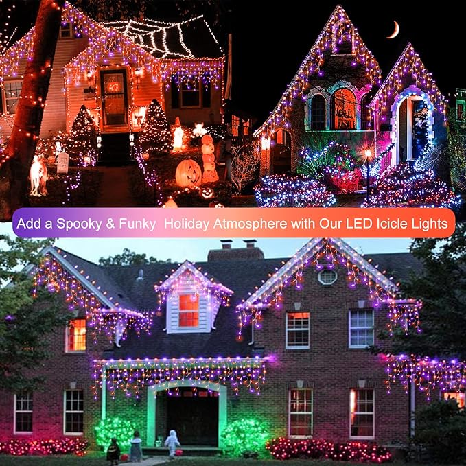 Halloween Icicle Lights Outdoor, 512 LED 46.5 FT 8 Lighting Modes with Timer & Memory, Curtain Fairy String Lights With 96 Drops for Halloween Decorations Holiday Party Eaves Yard (Purple & Orange)