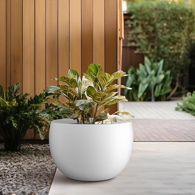 Kante 15.7" Dia Round Concrete Planter, Outdoor/Indoor Large Bowl Plant Pots with Drainage Hole and Rubber Plug for Garden Patio Balcony Home, Pure White