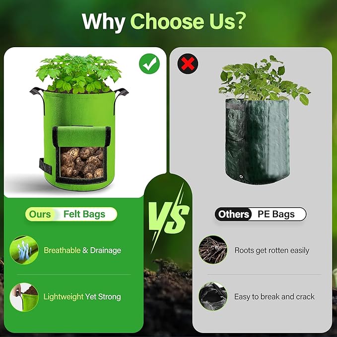 6 Pack Potato Grow Bags 10 Gallon with Flap, Grow Bags for Growing Potatoes, Duarable Fabric Garden Planter Pots with Harvest Window for Vegetable and Fruits, Black & Green