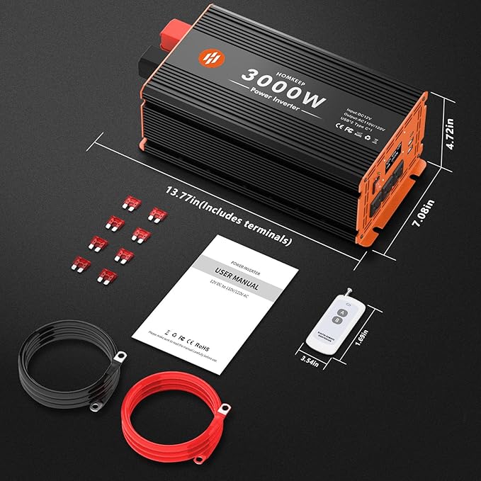 3000 Watt Power Inverter 12V DC to 110V/120V AC Converter Peak Power 6000W Car Inverter with LCD Display 2 AC Outlets USB Port Cables Included for RV,Truck,Off-Grid Solar System Remote Controller