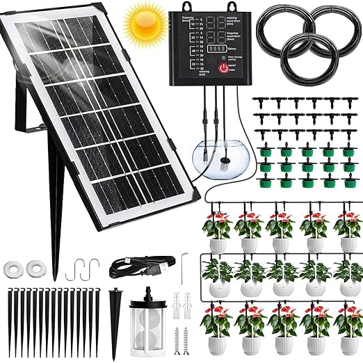 Solar Automatic Watering System Indoor Outdoor, 50Ft Plant Waterer for 15 Potted Plants, Automatic Drip Irrigation Kit with Watering Timer(12 Mode), Anti-Siphon, Solar Power & USB Rechargeable