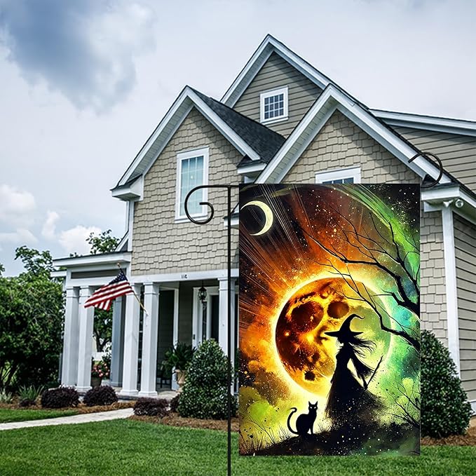 Halloween Horror Garden Flag 12x18 Inch Witch Silhouette Black Cat Moonlight Flag Outdoor Yard Decoration House Banner Porch Lawn Patio Home Decor