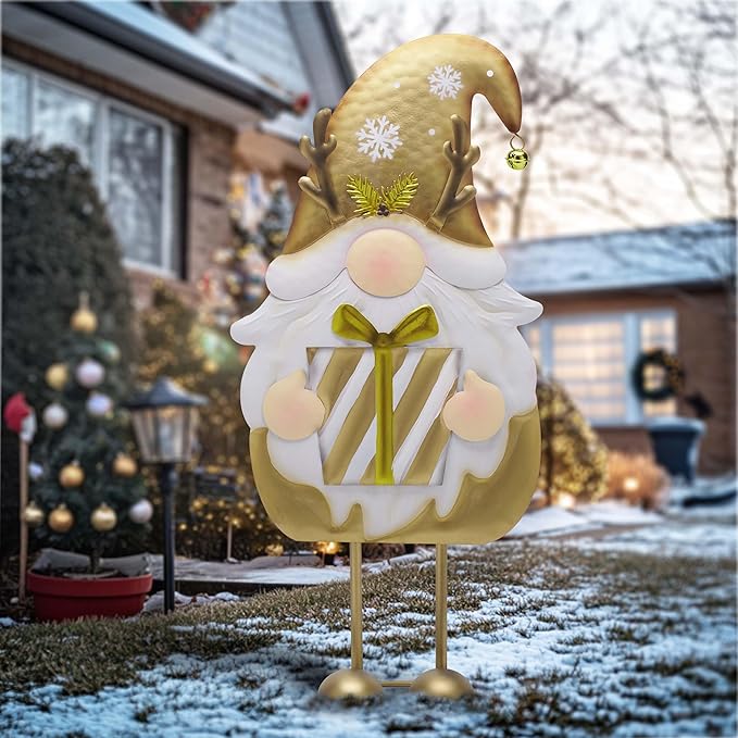 TERESA'S COLLECTIONS Gnome Christmas Decorations,Metal Gold White Santa Holding Gifts,Christmas Gnome Statue for Garden Indoor Outdoor,Decorative Yard Art Sign for Lawn Xmas New Year Winter Decor,24"