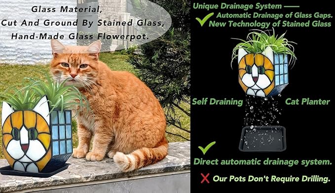 Tiffany Style Orange Cat Stained Glass Flower Pots,Indoor Plant Display, Orange Cat Small Pots for Plants, Gift for Cat Lovers,4.6x5.15x2.3 in (Excluding Plants)