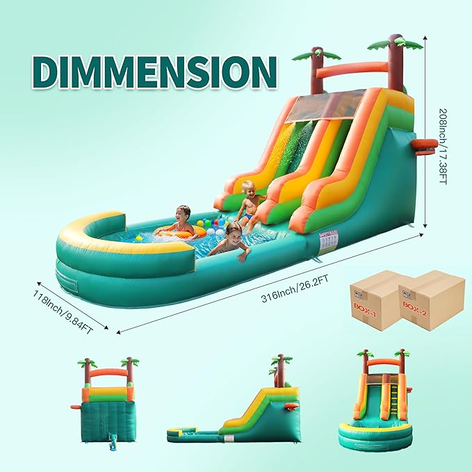 Inflatable Water Slide for Kids & Adults, 26FT 100% PVC Waterslide with Big Splash Pool, Widen Slide with Shallow Pool, 950W Air Blower, Ideal for Backyard, Park (Green Coconut Tree Design) 2