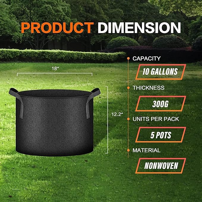 iPower 5-Pack 10 Gallon Plant Grow Bags Thickened Nonwoven Aeration Fabric Pots Heavy Duty Durable Container, Strap Handles for Garden, Black