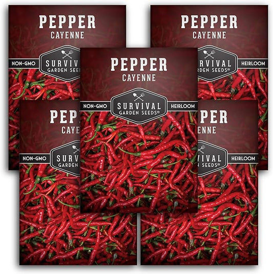 Survival Garden Seeds - Red Cayenne Pepper Seed for Planting - 5 Packets with Instructions to Plant and Grow Hot Chili Peppers in Your Home Vegetable Garden - Non-GMO Heirloom Variety