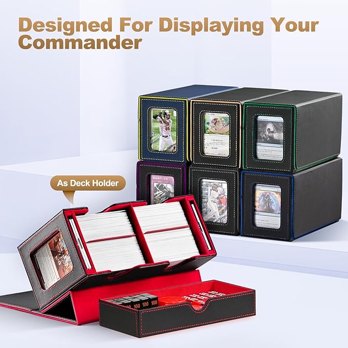 MTG Deck Box with 2 Commander Display and Dice Tray-Patented Design, Double Deck Box for 280+ Single Sleeved Cards, Leather Magnetic Card Storage Box Fits for TCG CCG Magic Cards (Black&Khaki)