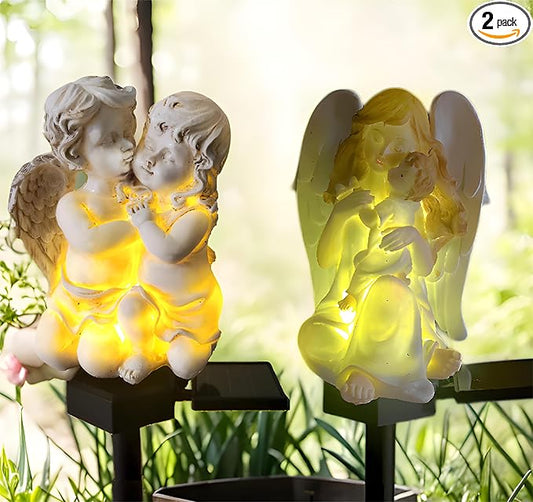 QH & Garden 2-Pack Angel Solar Garden Light - LED Waterproof Lights Mother's Day Gift,Solar Powered Garden Stake Lights for Balcony, Yard, Lawn, Pathway, Walkway-Angel Statues Grave Decorations