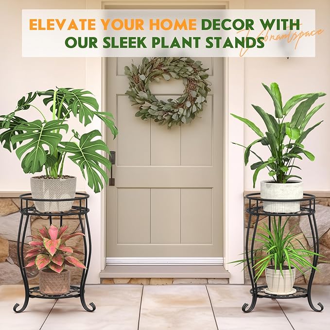 2 Tier Metal Plant Stand Indoor Outdoor , Rustproof Stable Plant Stands Multiple Plant Rack Holder Flower Pot Stand for Living Room Balcony Garden Patio Bedroom (Black, 19.5)