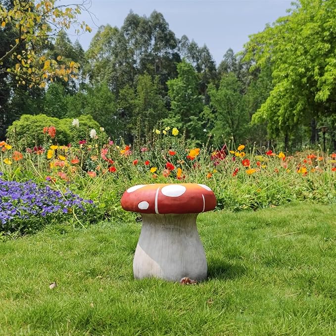 Mushroom Resin Statue Stool Over Sized Sculpture Courtyard Lawn Pond Ornament Garden Outdoor Patio Stool Decoration Red 13.3'' High
