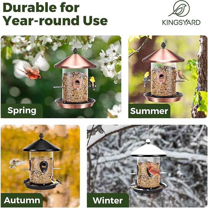 Kingsyard Metal Hopper Bird Feeder for Outdoors Hanging with 8 Ports, 3 lbs Large Capacity Tube Bird Feeder with Seed Tray, Easy to Fill and Clean, Copper