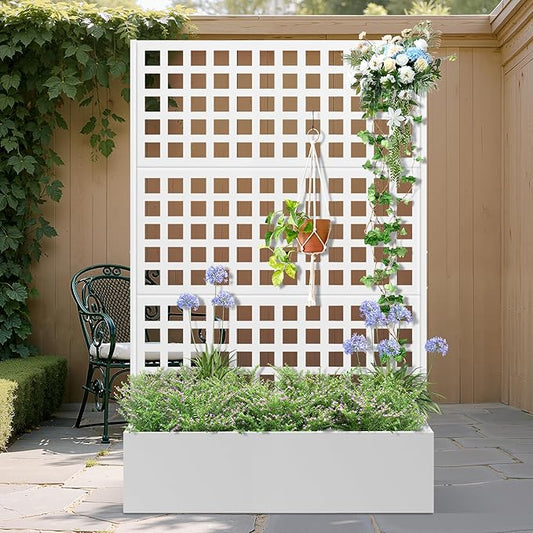 Metal Planter Box with Trellis, Heavy-Duty Raised Garden Bed for Climbing Plants, Drainage Hole, Outdoor Planter Box with Privacy Screen,47''L×16''W×71''H