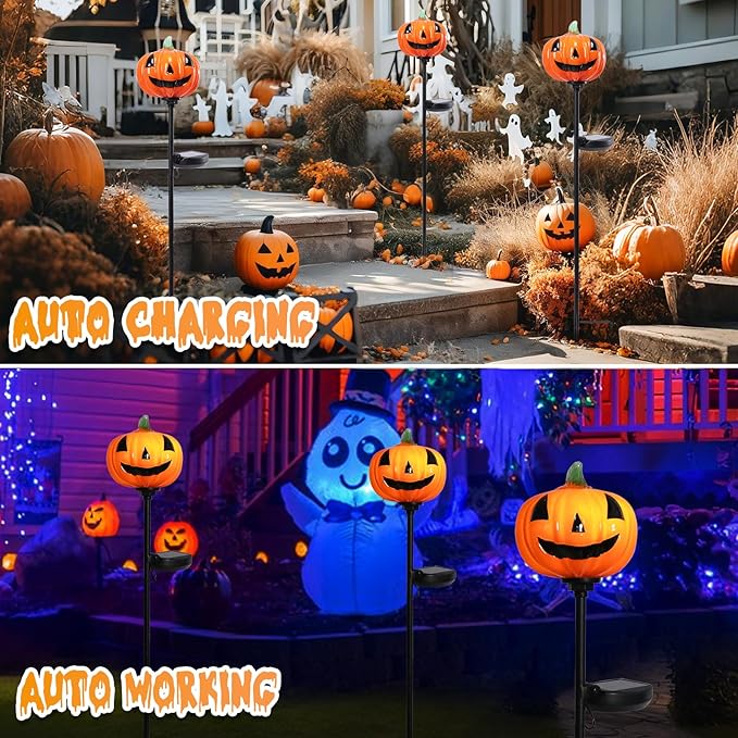 Afirst Halloween Pumpkin Pathway Solar Lights Handblown Glass Halloween Jack O Lantern Halloween Yard Display Solar LED Outdoor Décor Front Porch Decor 2 Pack, Orange
