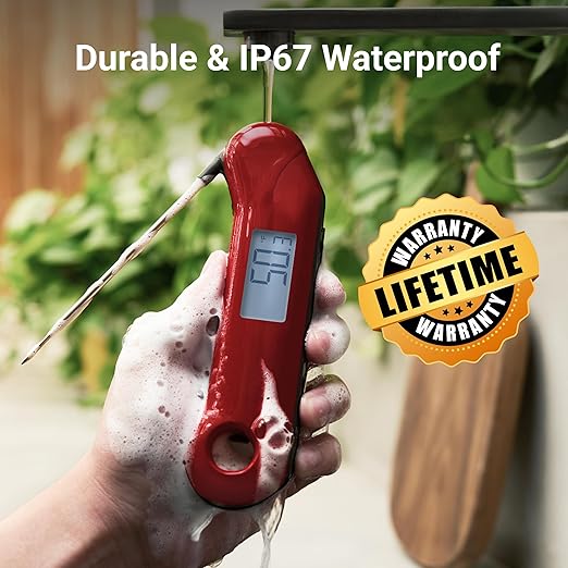 Professional Digital Meat Thermometer, Ultra Fast 0.5 Sec Instant Read, NIST Certified Accurate to ±0.5°F, IP67 Waterproof, Backlit, Auto Rotates/On/Off, Valentines Gift, Dark Red&Gray