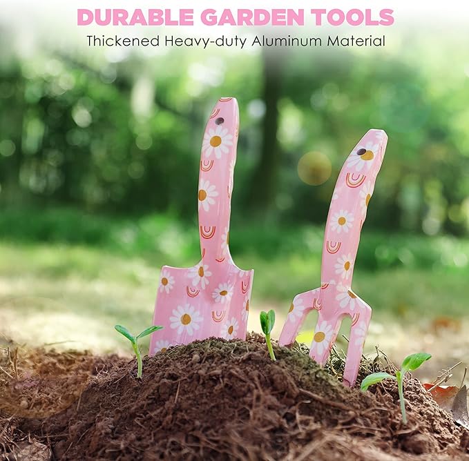WORKPRO Aluminum Garden Tool Set, 4PCS Heavy Duty Hand Garden Tools with Box Include Trowel, Rake, Pruner, Garden Gloves, Pink, Garden Gifts