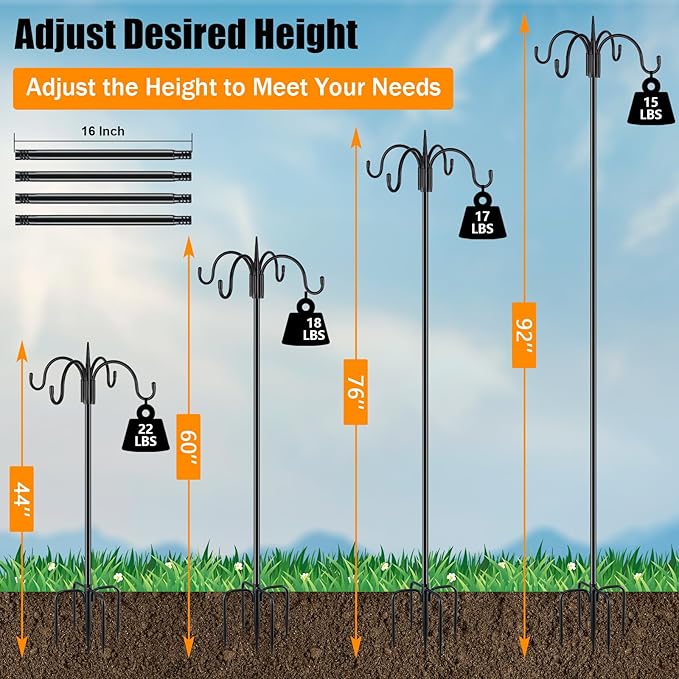 FEED GARDEN [Upgrade Version 92 Inch Four Shepherd Hooks for Outdoor,Bird Feeder Pole with 5 Prong Base, Adjustable Shepard Hooks for Hanging Plant, Solar Lanterns, Wind Chimes, 2 Pack