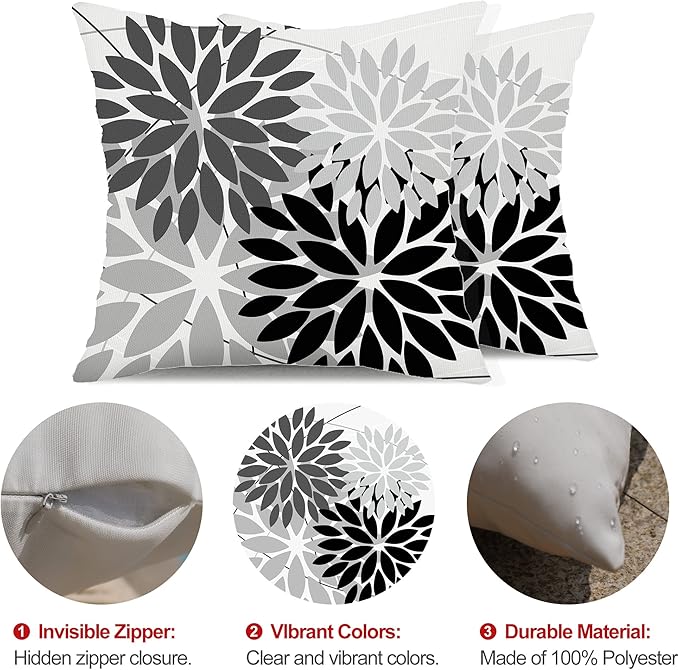 DFXSZ Outdoor Throw Pillow Covers 16x16 Inch Set of 2 Waterproof Spring Summer Geometric Elegant Black Grey Outdoor Pillow Covers for Patio Funiture Garden Couch 158X16