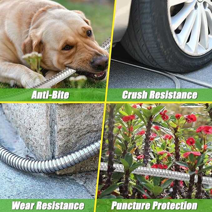 TOOLCY 25 FT Metal Water Hose Stainless Steel Garden Hose with Brass Nozzle - Heavy Duty, No Kink, All Weather, Super Flexible Garden Hoses for Outdoor, Lawn