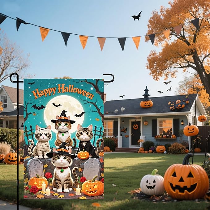 IVN Happy Halloween Garden Flag 12x18 Inch Double Sided Witch Cat Tombstone Bat Pumpkin Moon Outdoor Yard Flag for Outside Front Door Lawn Porch Patio Welcome Decor