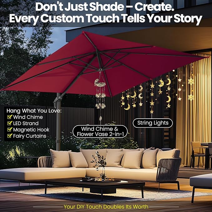 Hotime 10ft Patio Umbrella Outdoor Patio Windproof and Height adjustable, Heavy Duty Aluminum Square Offset Patio Umbrella Cantilever Pool Umbrella with 360°Rotation for Garden Deck Pool, Wine Red