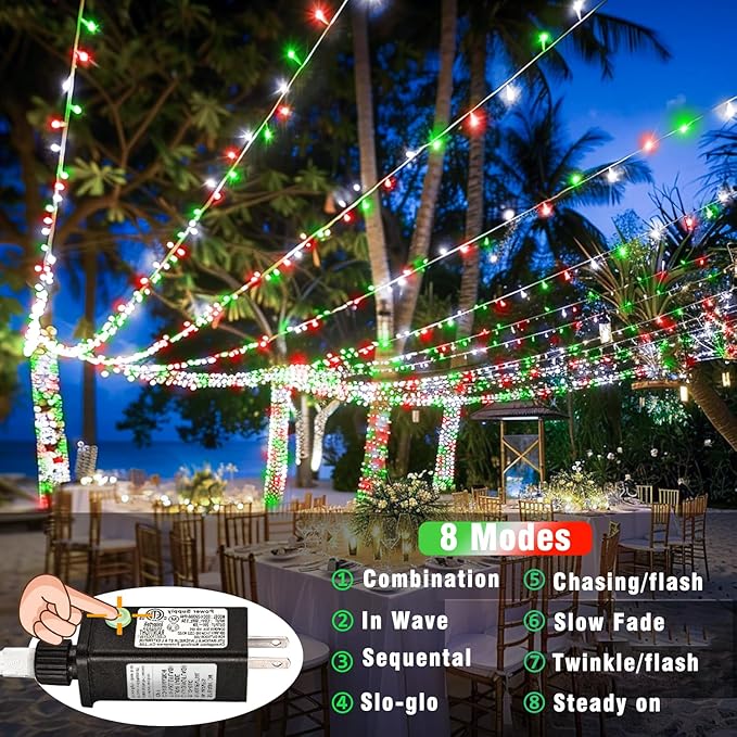 300 LED String Lights for Outside, 98ft Twinkle Lights Plug in with 8 Modes for Chrismtas Halloween Decor, Red White&Green