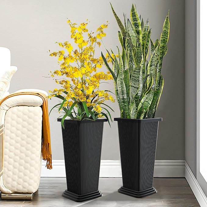 Set of 2 Large Tall Planter for Indoor or Outdoor 24" Tall Flower Pots Tapered Tall Planters with Tray for Porch, Patio, Backyard, Large Planters for Outdoor Indoor Plants(Black,Striped)