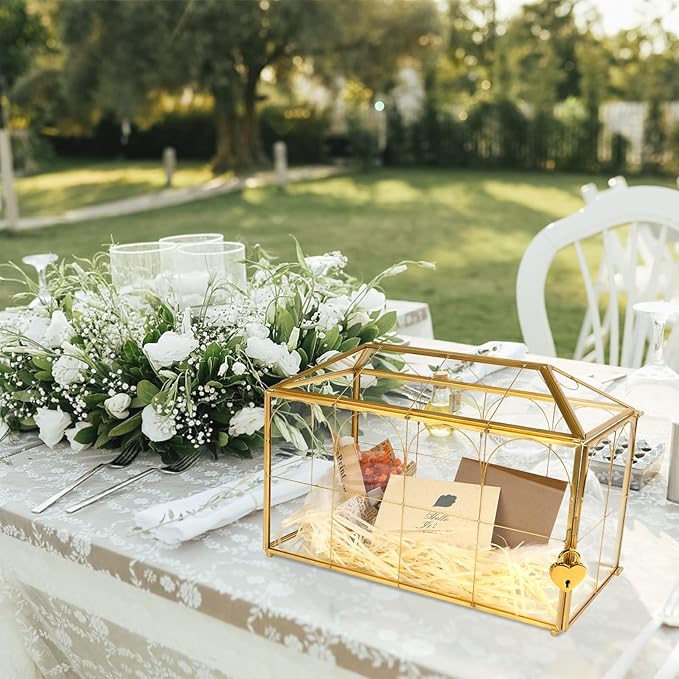 Wedding Glass Cards Box with Slot - 10.26 x 5.91 x 7.99 inch, Envelope Card for Birthday Party Reception Box, Home Tabletop Decor Clear Black Terrarium with Lock Glass Terrarium