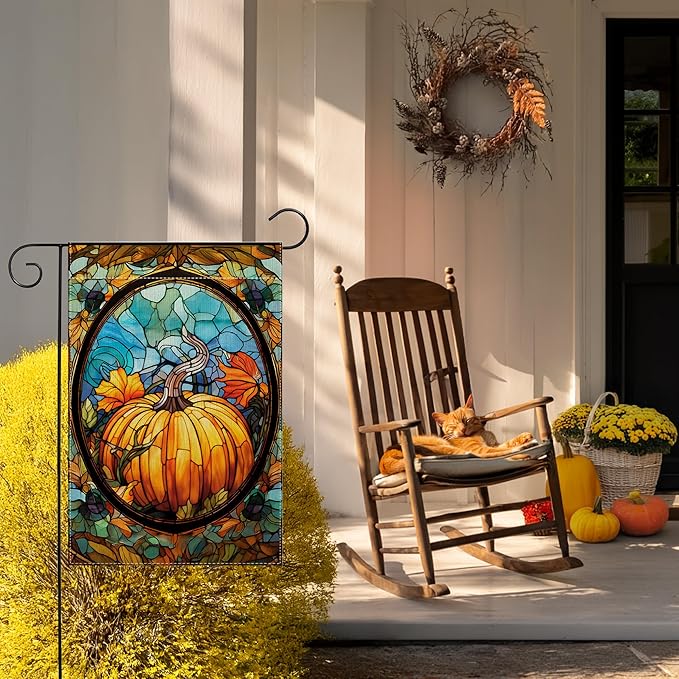 Garden Flags, Garden Flag, Stained Glass Style Pumpkin Maple Leaf Double-Sided Flags for Farmhouse Yard Outdoor Decoration-12 x 18inch (Pumpkin-3)