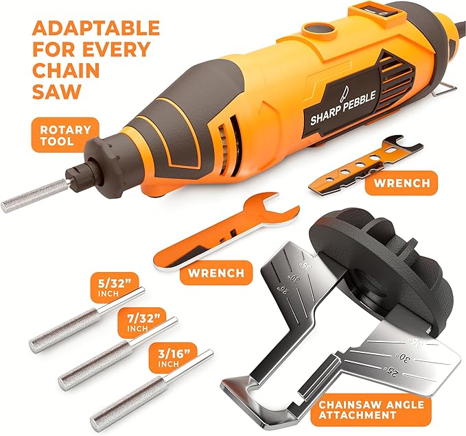 Sharp Pebble Electric Chainsaw Sharpener Kit - Comes with Chain Saw Sharpener Tool, 4 File Size Sharpening Wheel Bits, Angle Attachment, Wrench & eBook