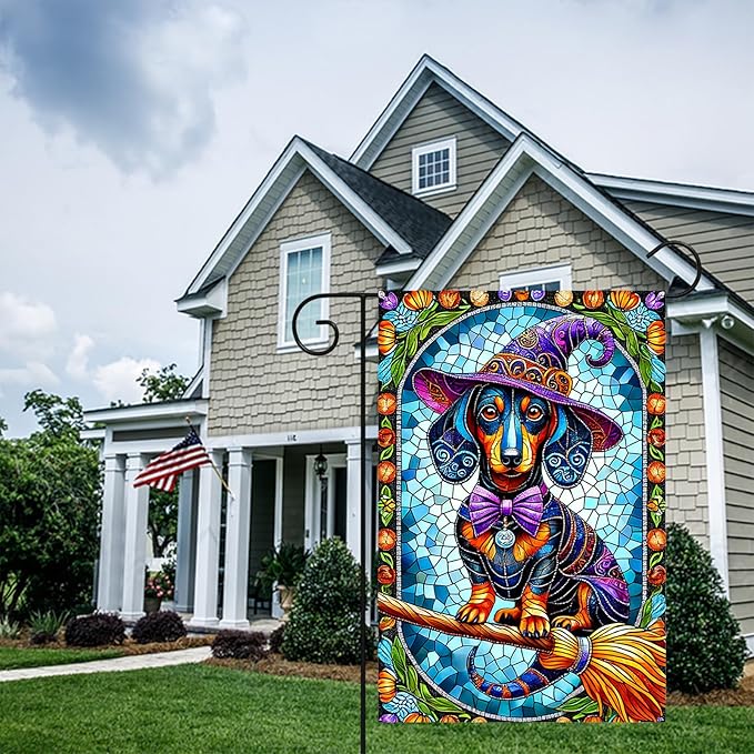 Happy Halloween Garden Flag 12x18 Inch Dachshund Witch Dog Flag Stained Glass Style Yard Banner Double Sided Halloween Outdoor Decorative Flag for Porch Lawn