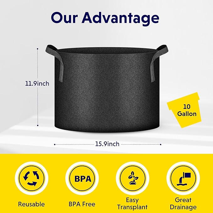 iPower 5 Pack 10 Gallon Grow Bags Heavy Duty 300G Thickened Nonwoven Fabric Plant Pots with 5 Labels & Handles for Outdoor Garden, Aeration Planter Bags for Fruits, Vegetables, Tomato & Flowers, Black