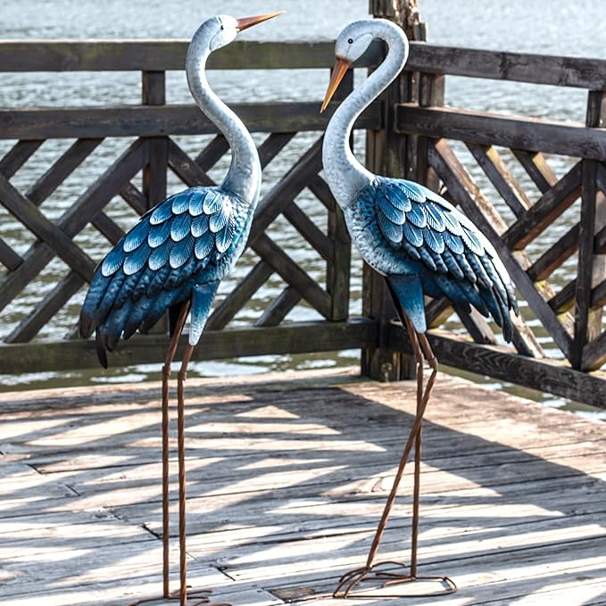 Kircust Outdoor Blue Heron Statues Metal Garden Crane Sculptures, Bird Yard Art Large 47-48 Inch, Set of 2, for Pond & Lawn Garden Decor, Gifts for Women, Men, Friends