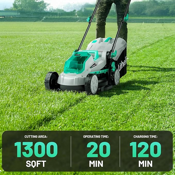 Litheli 13.1inch Electric Lawn Mower Cordless,Grass Cutter Machine for 1600 Sq.Ft.Lawnmower with Brushless Motor, 8 Gallon Capacity, Cutting Height from 1 to 2.5 in, Includes 1X4.0 Ah Battery