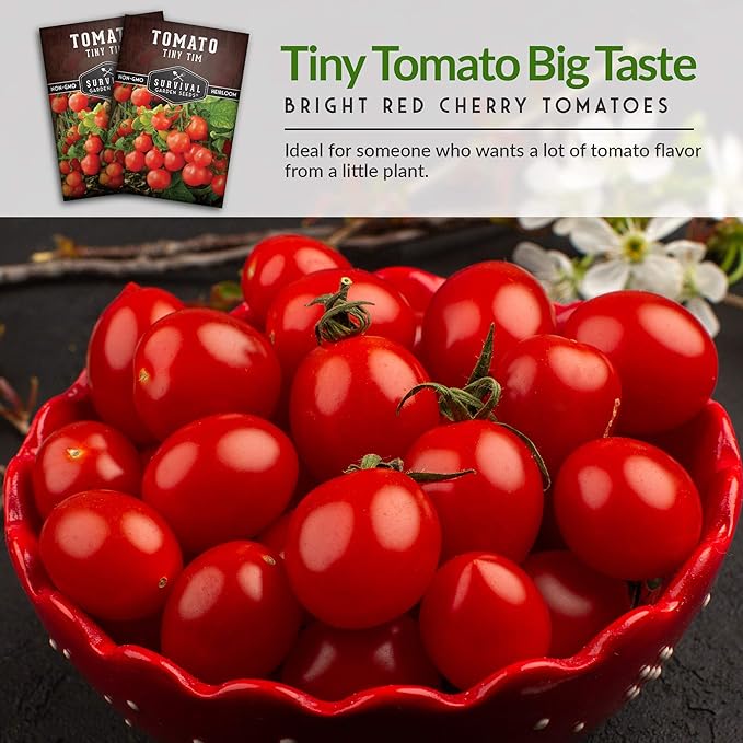Survival Garden Seeds - Tiny Tim Tomato Seeds for Planting - 1 Pack with Instructions to Grow in Your Home Vegetable Garden - Non-GMO Heirloom Variety
