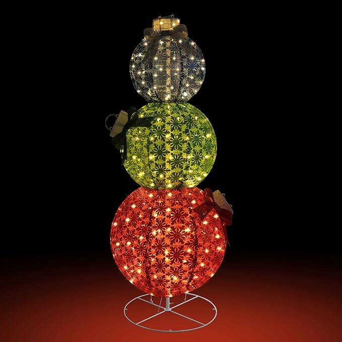 VEIKOU 5 FT Pop-Up Lighted Stacked Christmas Ornaments with 210 Warm White LED Lights & 4 Ground Stakes, Collapsible Christmas Light Ornaments for Backyard, Lawn, Garden