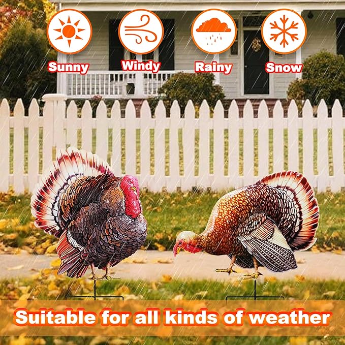 A Set of Metal Turkey Garden Wooden Stakes, 2 Outdoor Thanksgiving Yard Decorations, Colorful Turkey Garden Statues, Waterproof and Stable (Colorful Turkeys)