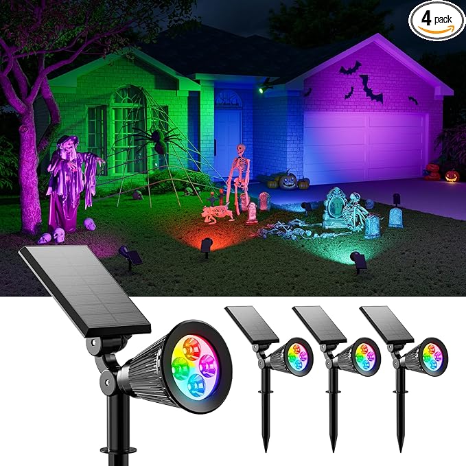 4 Pack Color Change Halloween Solar Spot Lights Outdoor Multicolor Waterproof Landscape Flood Lamp for Holiday Decorative, Skeletons, Spider Web, Bat, Statue, Ambient Lighting for Yard, Garden, Patio