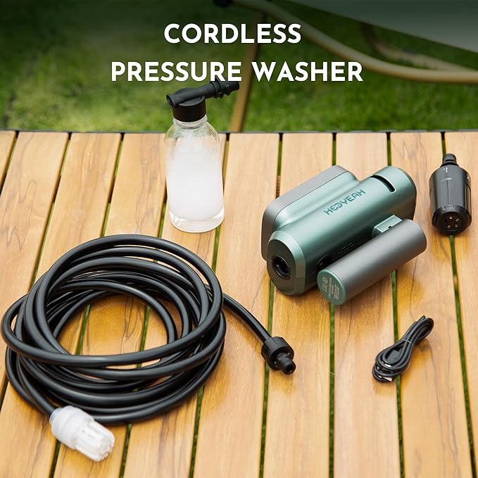 Hooyeah Portable Cordless Pressure Washer, Lithium Battery Powered Handheld Water Sprayer, Max 217 PSI, 5-in-1 Nozzle & Foam Pot, Type-C Charging Foldable Pressure Washer Gun for Car, Bikes, Patios