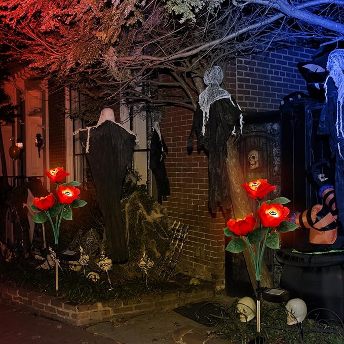 Riakrum 2 Pack Halloween Solar Eyeballs Stake Lights Waterproof Scary Roses Solar Lights Halloween Outdoor Decorations for Garden Yard Patio Pathway Lawn Party Outside Decor