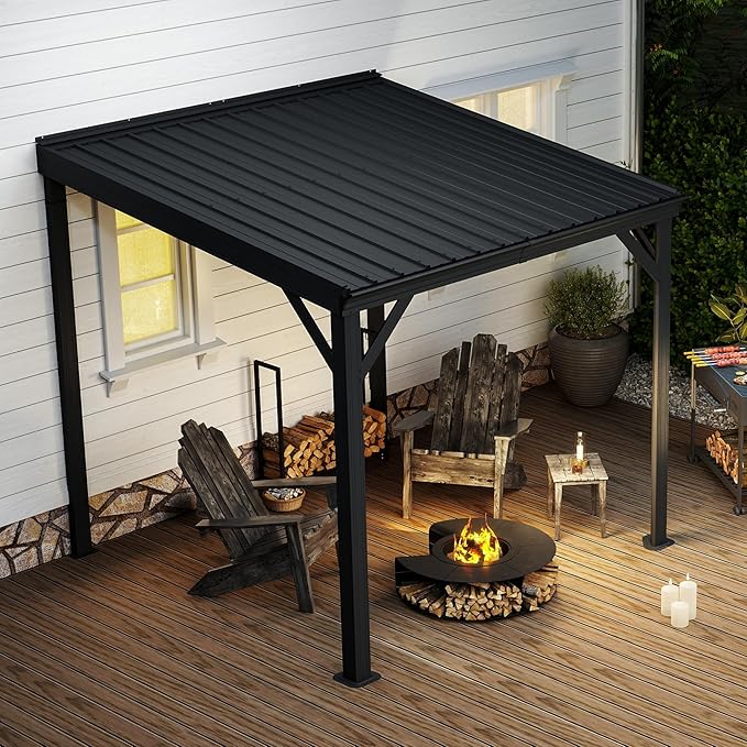 Domi 8’x8’ Lean-to Gazebo, Hardtop Wall-Mounted Gazebo Pergola with Sloping Galvanized Steel Roof and Upgraded Drainage System, Outdoor Permanent Metal Shelters for Patio Backyard Deck, Grey